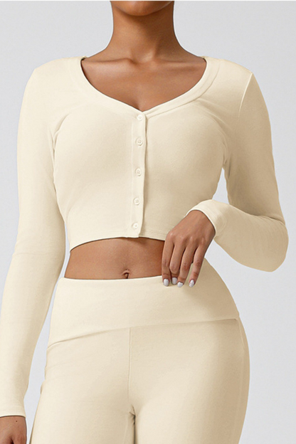 Latte Print Slim Crop Button Long Sleeve Crop Top
