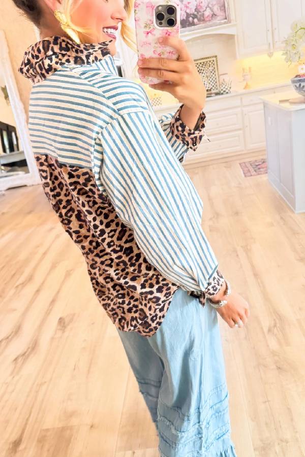 Stripe & Leopard Patchwork Collared Loose Long Sleeve Shirt