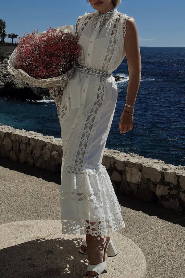 Cutwork Embroidered Tie-Waist Sleeveless Shirtdress