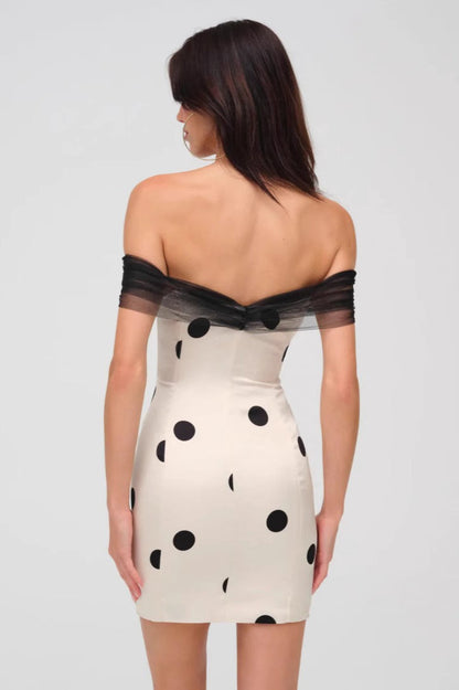 Polka Dot Off Shoulder Mesh Ruffle Button Front Bodycon Mini Dress