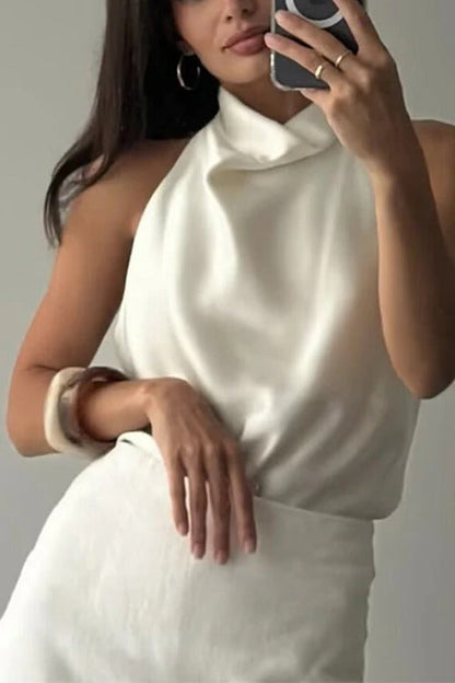 Chic Halter Cowl Neck Sleeveless Satin Top