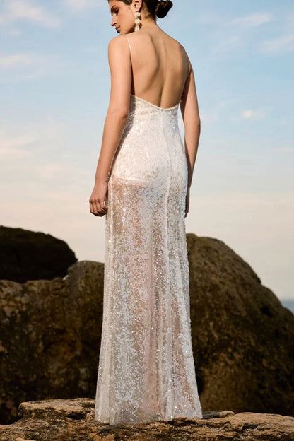 Sequin Spaghetti Strap Backless Low Back Sheer Slip Maxi Dress