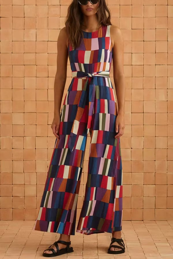 Retro Chic Linen Blend Colorful Color Block Front Waist Tie Detail Sleeveless Wide Leg Jumpsuit
