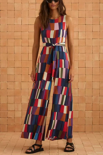 Retro Chic Linen Blend Colorful Color Block Front Waist Tie Detail Sleeveless Wide Leg Jumpsuit