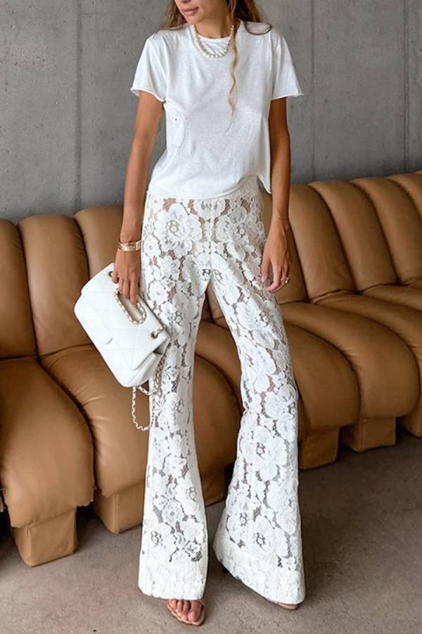 High Waist 3D Floral Lace Flare Pants Sheer Hollow Vacation Wide Leg Trousers