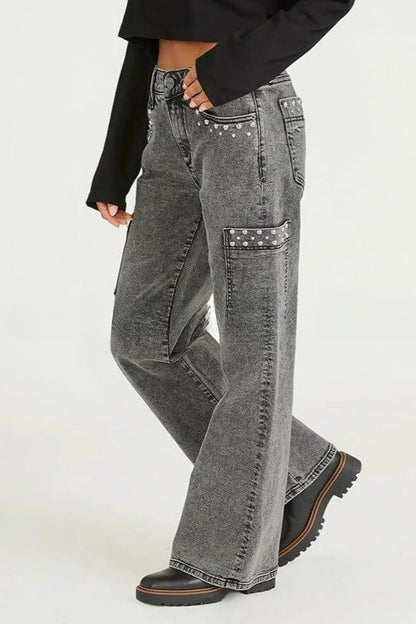 Y2K Pearl Embellished High Waist Boyfriend Straight Jeans