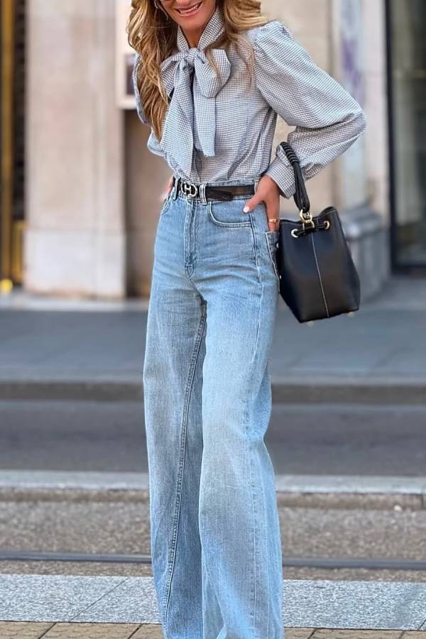 French Retro Plaid Big Bow Shirt