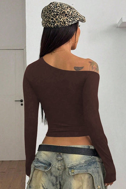 Off Shoulder Asymmetrical Neck Long Sleeve Tee