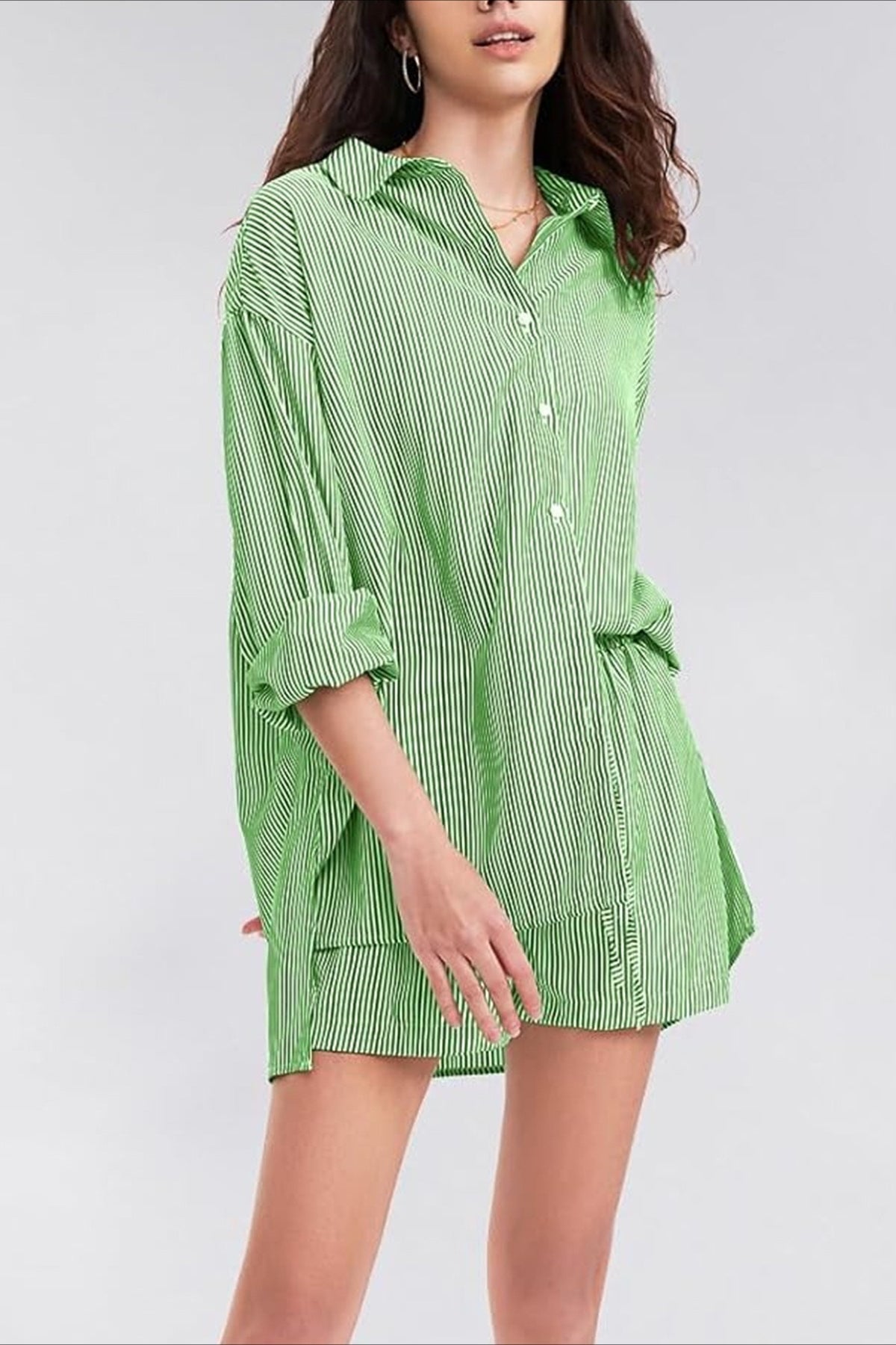 Striped Lapel Long Sleeve Blouse Shorts Set