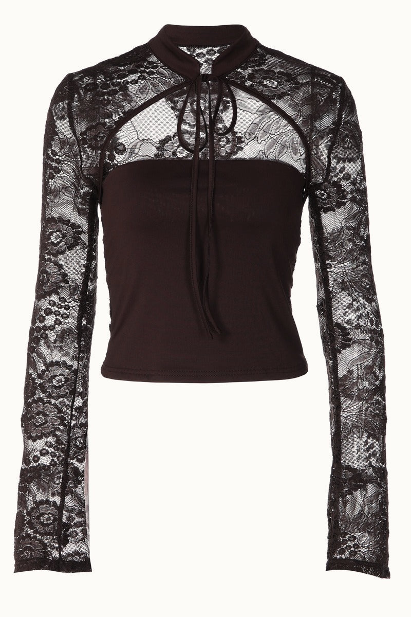 Lace Sleeve Tie Neck Cutout Long Sleeve Tee