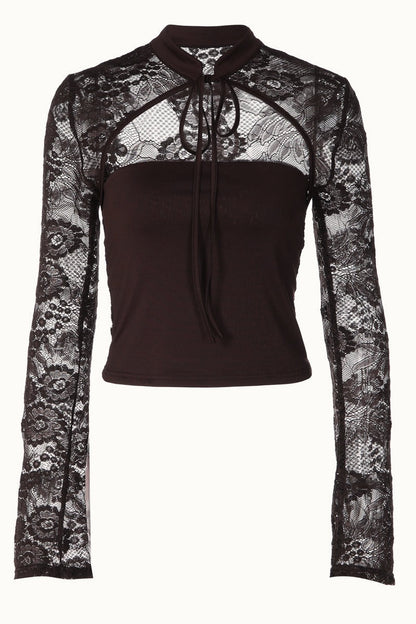 Lace Sleeve Tie Neck Cutout Long Sleeve Tee