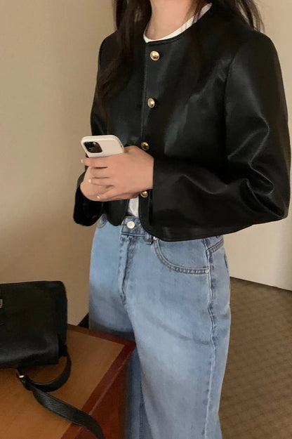 Retro O-Neck PU Leather Jacket