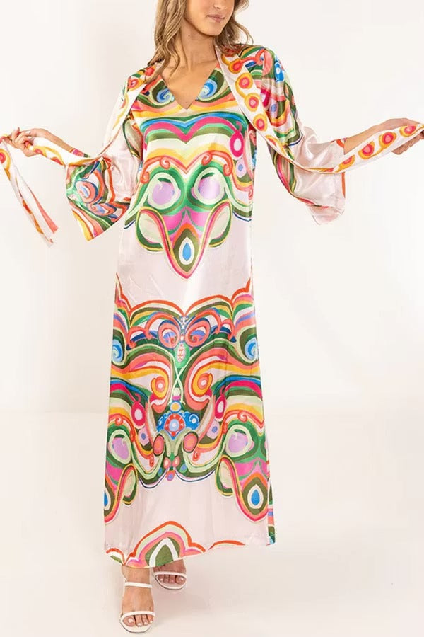 Venice Satin Colorful Baroque Style Print High Neck Tie-up Half Bell Sleeve Maxi Dress