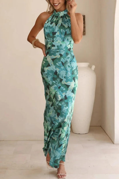 Floral Print Sleeveless Halter Neck Tie Holiday Maxi Dress