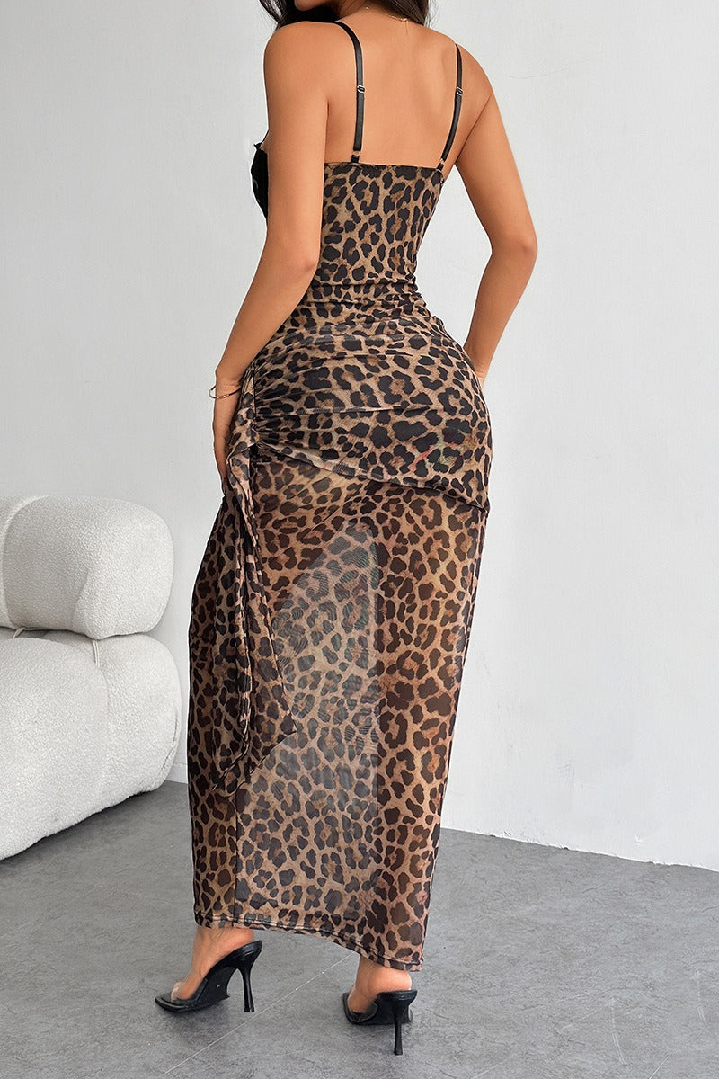 Leopard Print Lace Tube Top Bodycon Dress