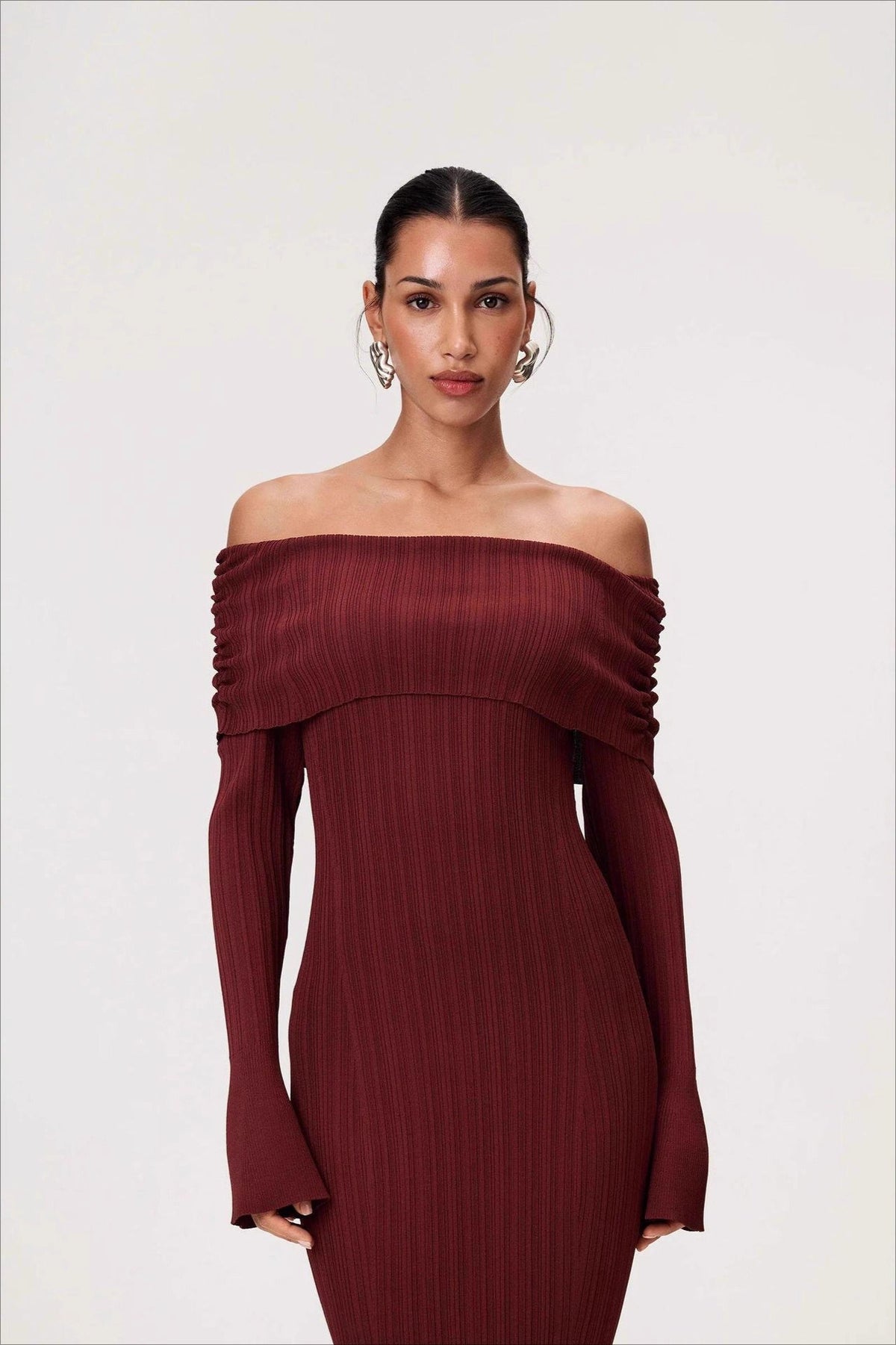 Solid Ruched Off-Shoulder Knit Bodycon Dress