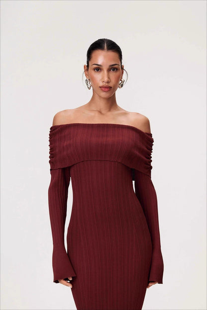 Solid Ruched Off-Shoulder Knit Bodycon Dress