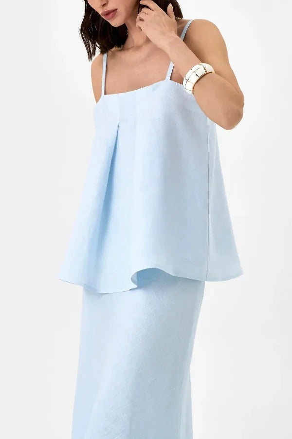 Linen Blend Loose Square Neck Camisole Top and Elegant Resort Maxi Skirt Set