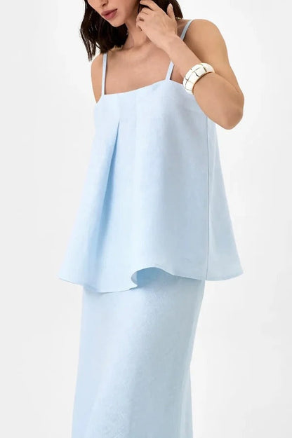 Linen Blend Loose Square Neck Camisole Top and Elegant Resort Maxi Skirt Set