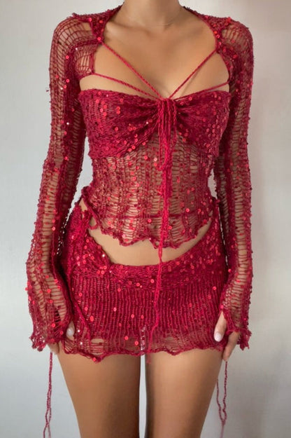 Sequin Knit Cutout Sweater Three Piece Skirt Set