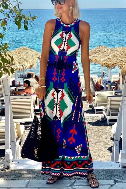 Unique Printed Round Neck Sleeveless Holiday Maxi Dress