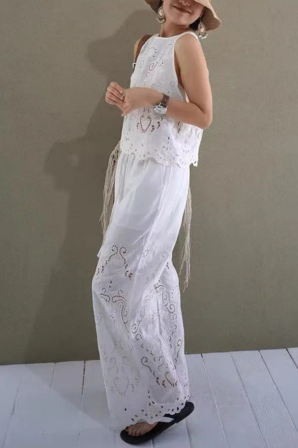 Linen Blend Solid Color Hollow Loose Vest and Elastic Waist Casual Pocket Wide Leg Pants Set