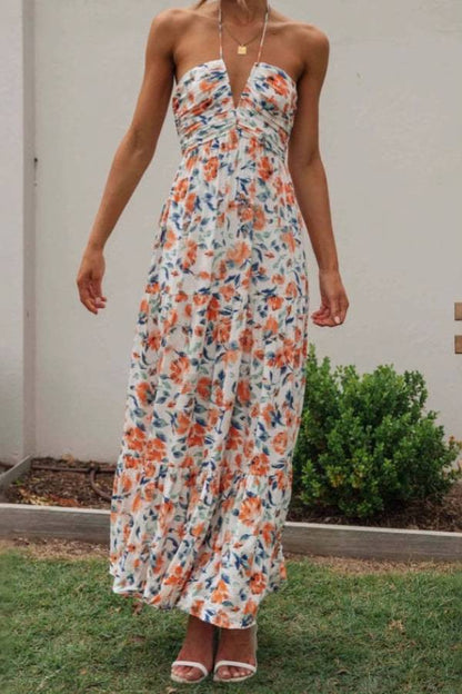 Multi-Color Floral Halter Backless Tiered Maxi Dress