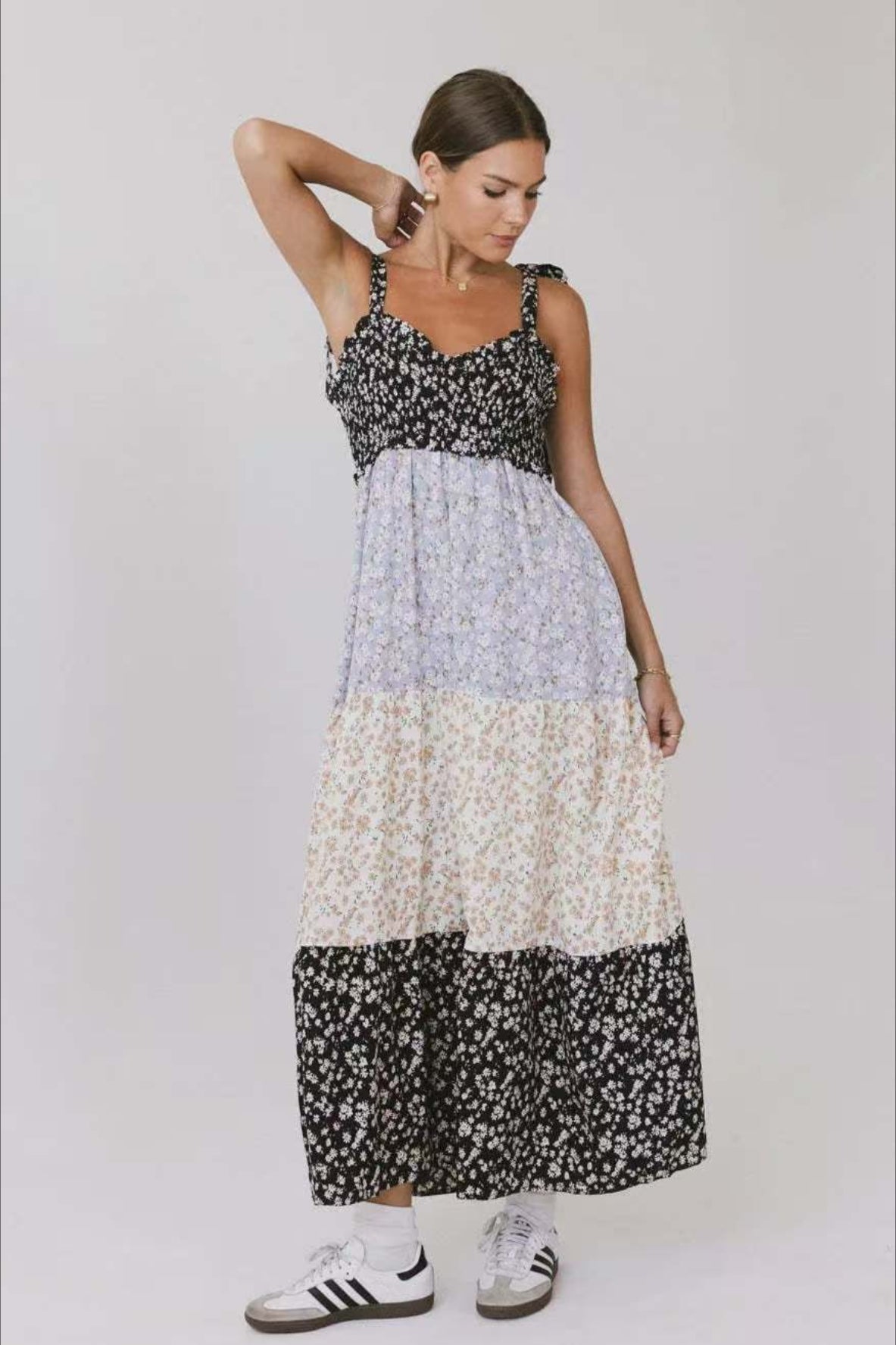 Gingham Patchwork Floral Print Boho Dress