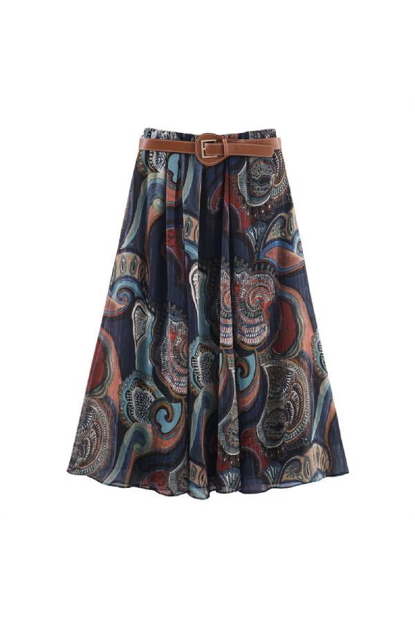 Retro Paisley Print Belted A-Line Skirt
