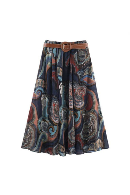 Retro Paisley Print Belted A-Line Skirt