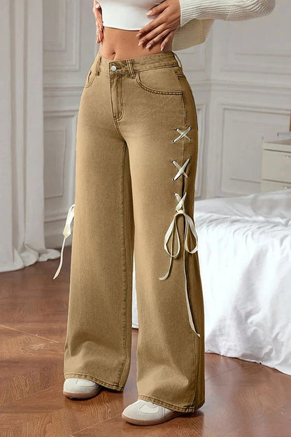 Fashionable Denim Mid Rise Side Ribbon Lace-up Pocket Wide Leg Jeans