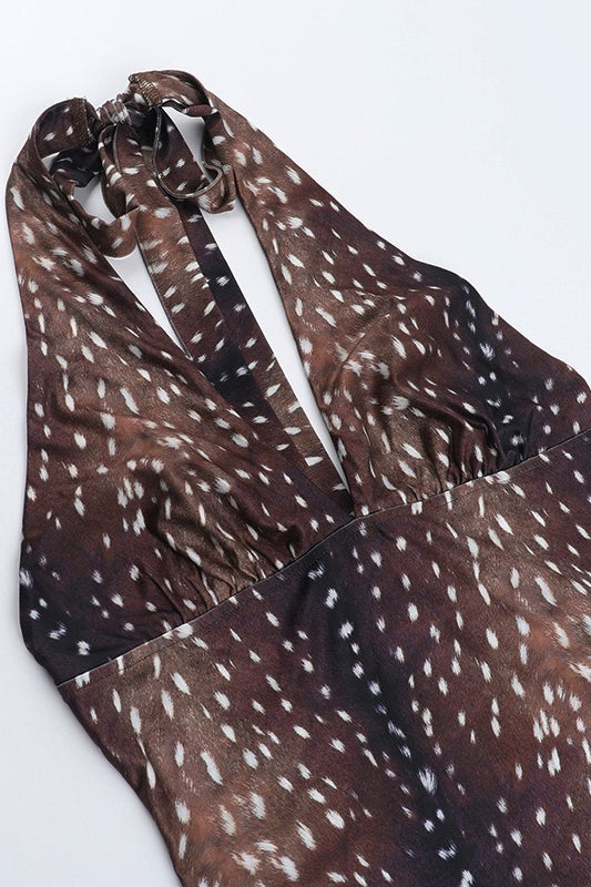 Deer Print V Neck Sleeveless Halter Top
