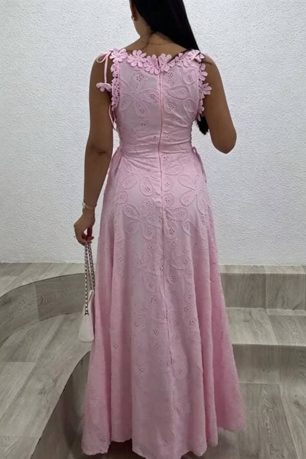 Garden Party Lace Embroidered Cutout Fabric Flower Trim Side Lace-up Maxi Dress