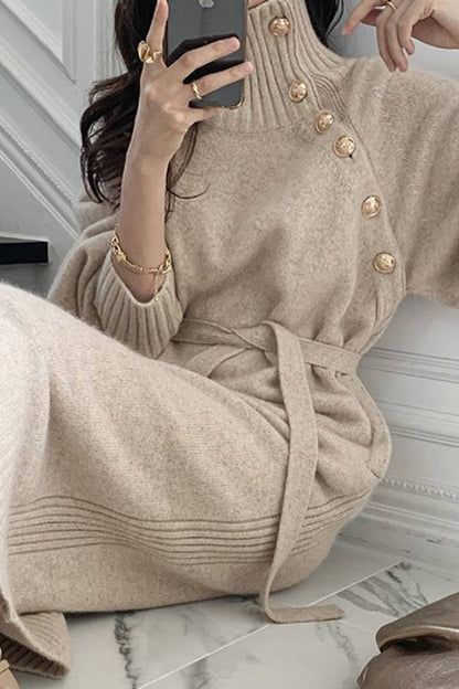 Diagonal‑Button Turtleneck Waist‑Tie Knit Midi Dress