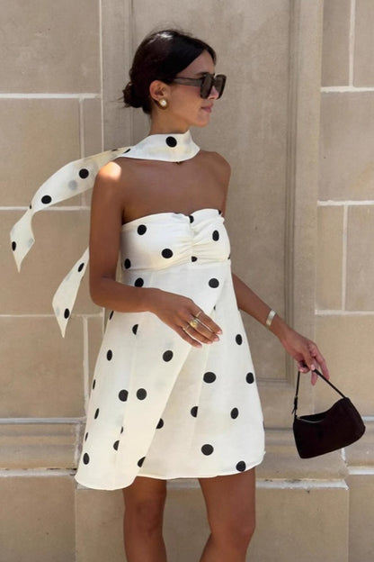 Polka Dot Strapless Ruched Bust A-Line Mini Dress