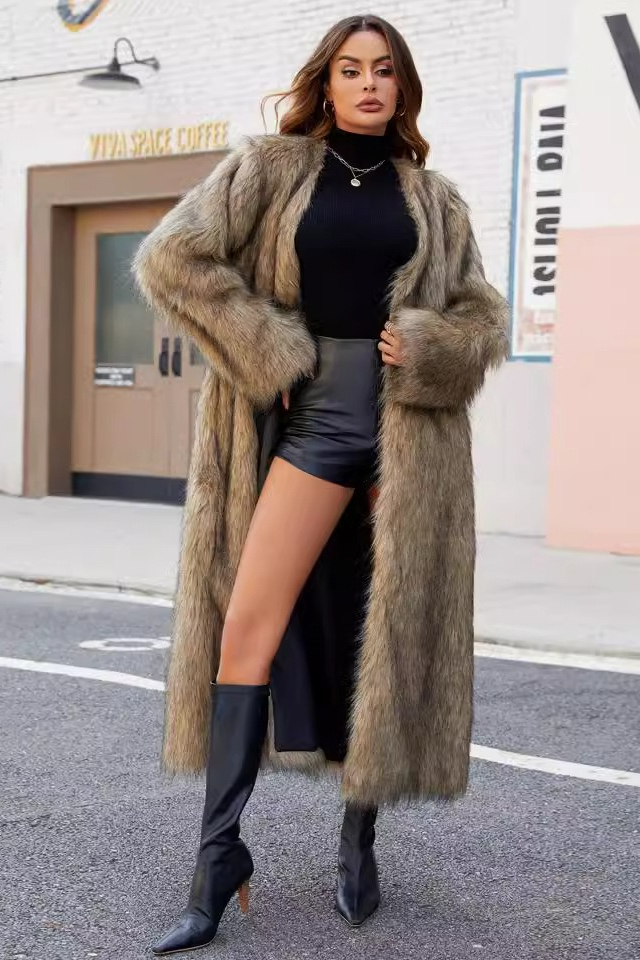 Chic V Neck Faux Fur Cozy Longline Overcoat