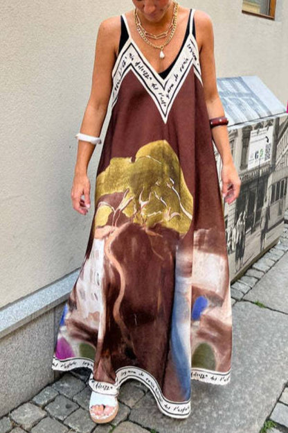 Art Oil Painting Landscape Print V‑Neck Cami Maxi Dress