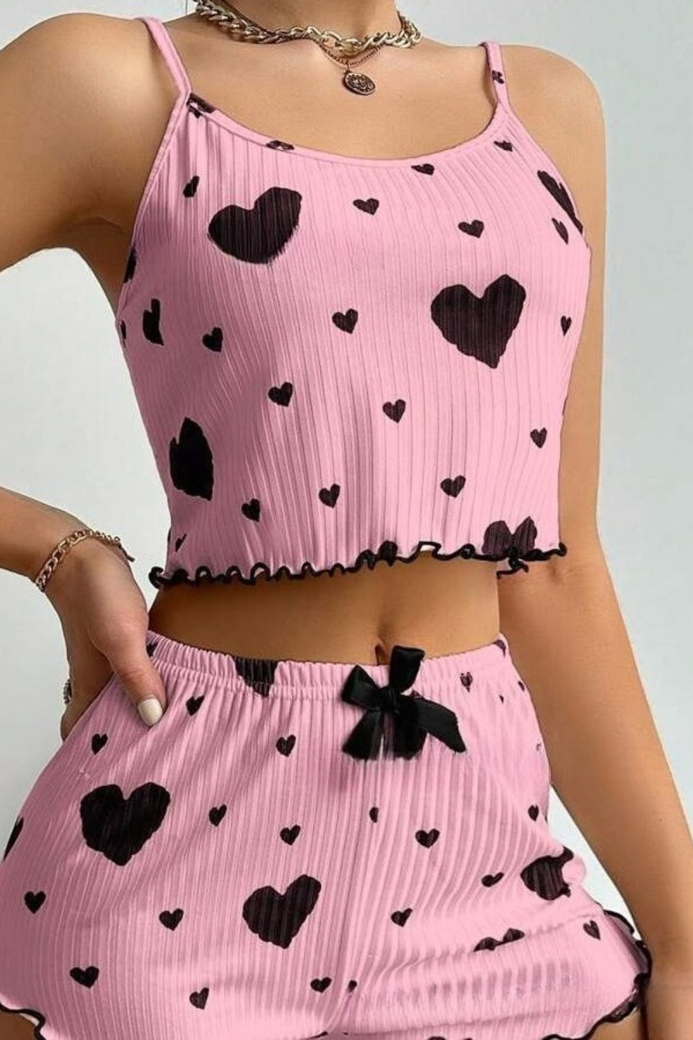 Heart Pattern Ribbed Cami Top Pajama Shorts Set