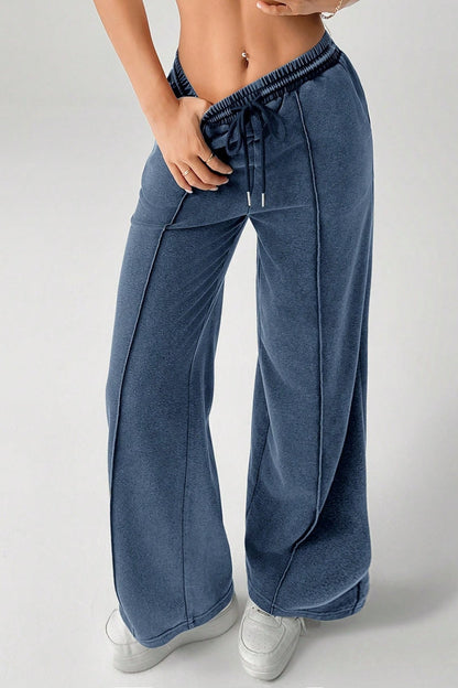 Solid Color Drawstring Waist Wide Leg Sweat Pants