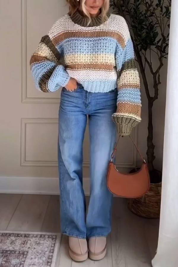 Casual Comfortable Striped Crewneck Sweater