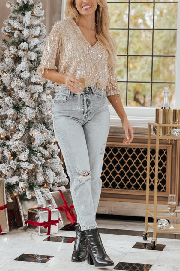 Sparkling Gold Sequin Tassel Long Sleeve Top