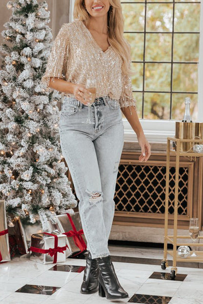 Sparkling Gold Sequin Tassel Long Sleeve Top