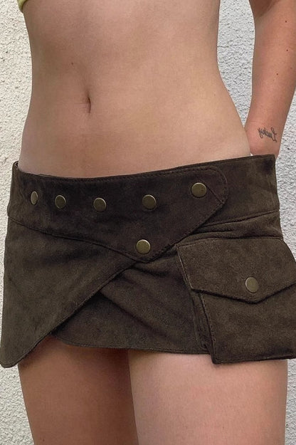 Suede Studded Wrap Mini Skirt