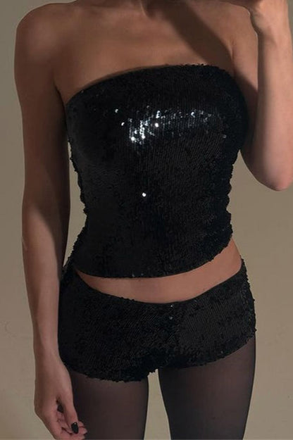 Glitter Tube Top Skinny Two Piece Shorts Set