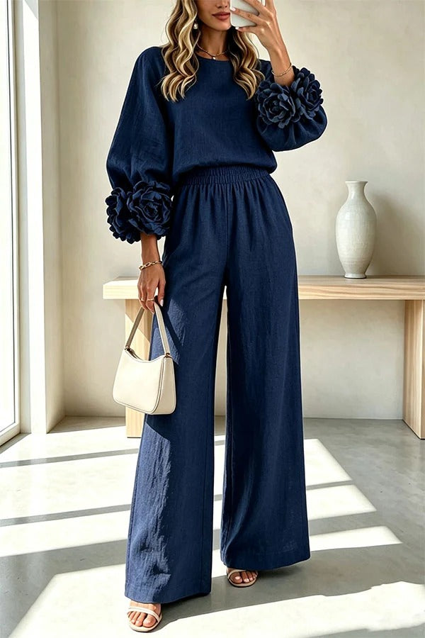 Linen Blend Floral Cuffs Sleeve Top and Elastic Waist Pocket Pants Set