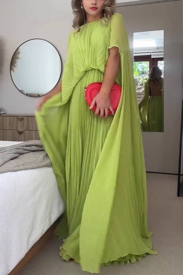 Avocado Green Pleated Cape Maxi Skirt