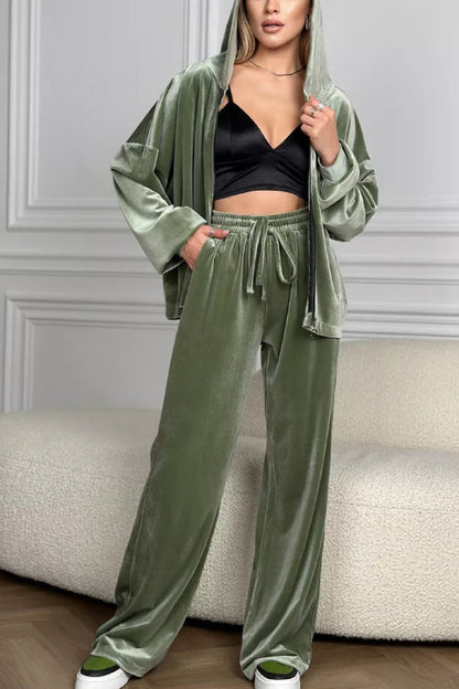 Velvet Zipper Hooded Pure Color Two -piece Suit