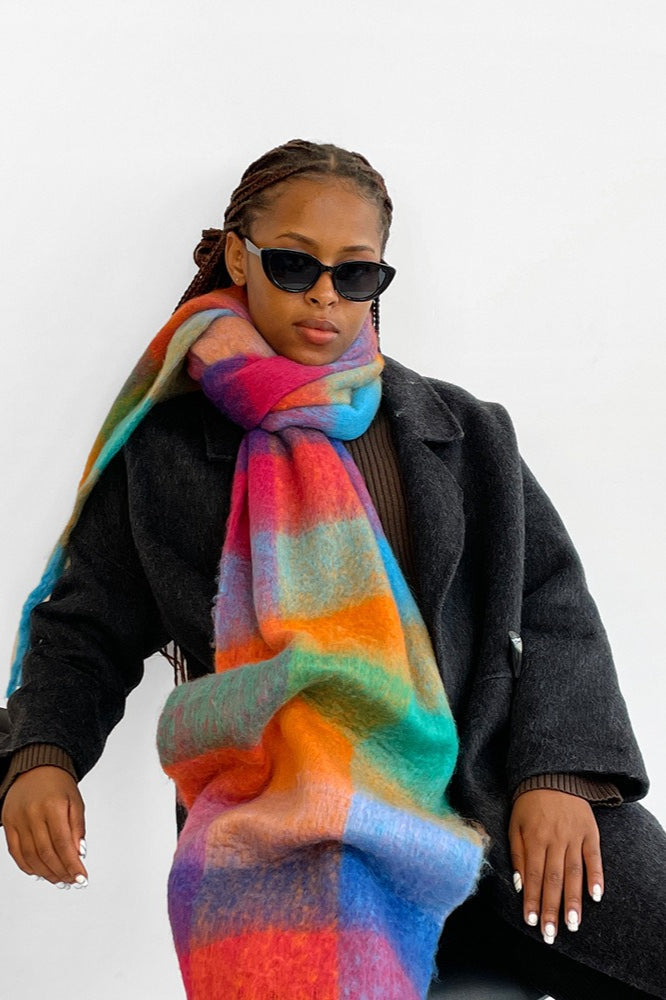 Long Plaid Mohair Fringe Wrap Scarf