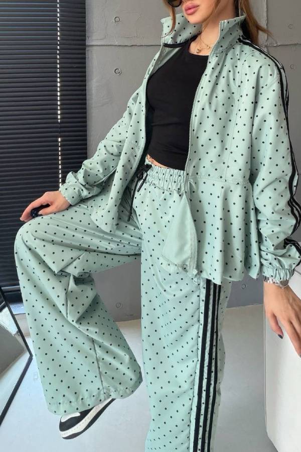 Polka Dot Peplum Tracksuit Two‑Piece Set