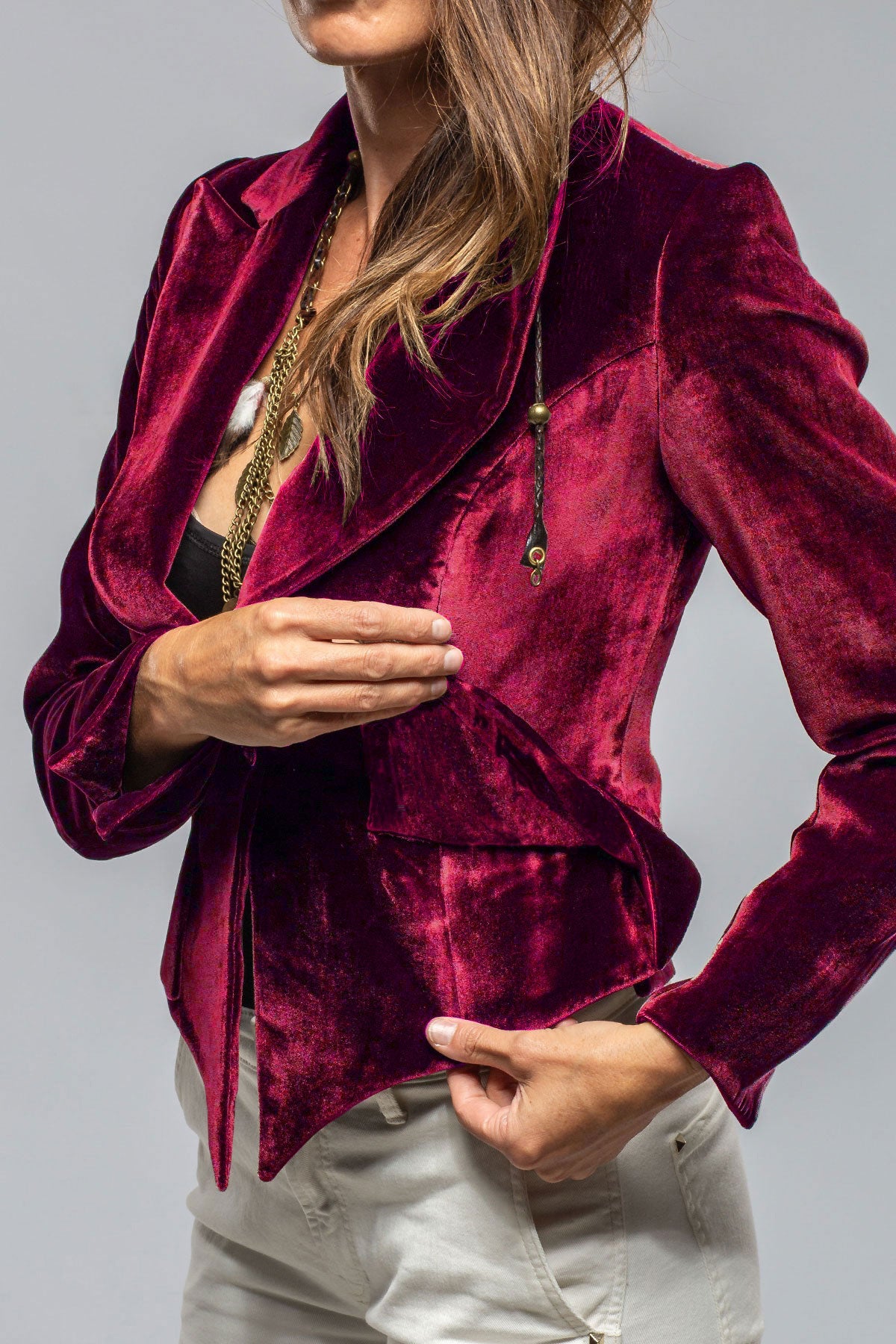 Velvet irregular hem single-button suit jacket